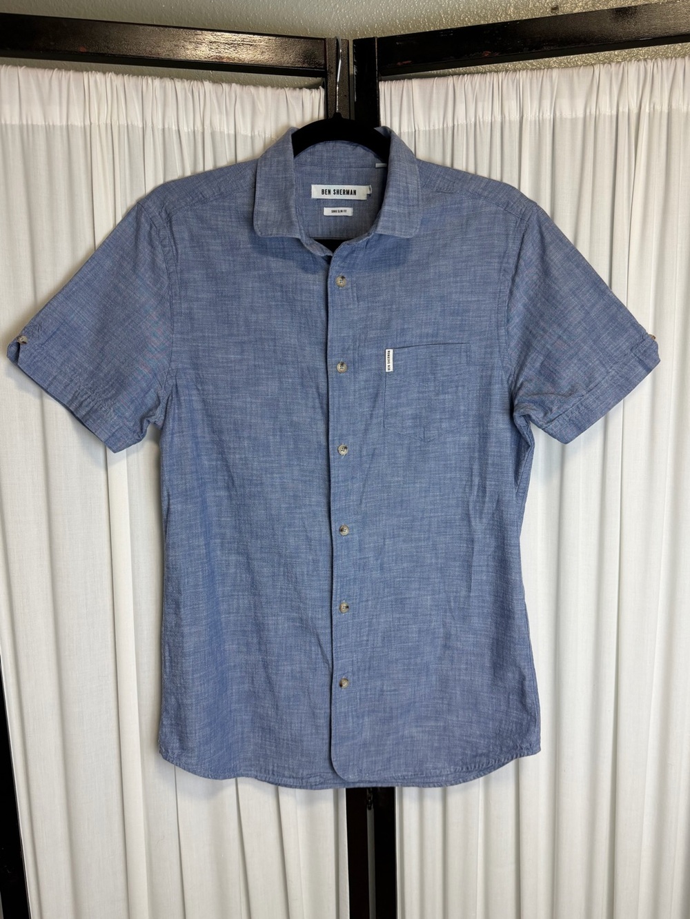 Ben Sherman Soho Slim Fit Blue Short-Sleeve Button-Down 100% Cotton Shirt